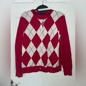 Lands' End Red and Cream Argyle Button Down Cotton Cardigan Small
